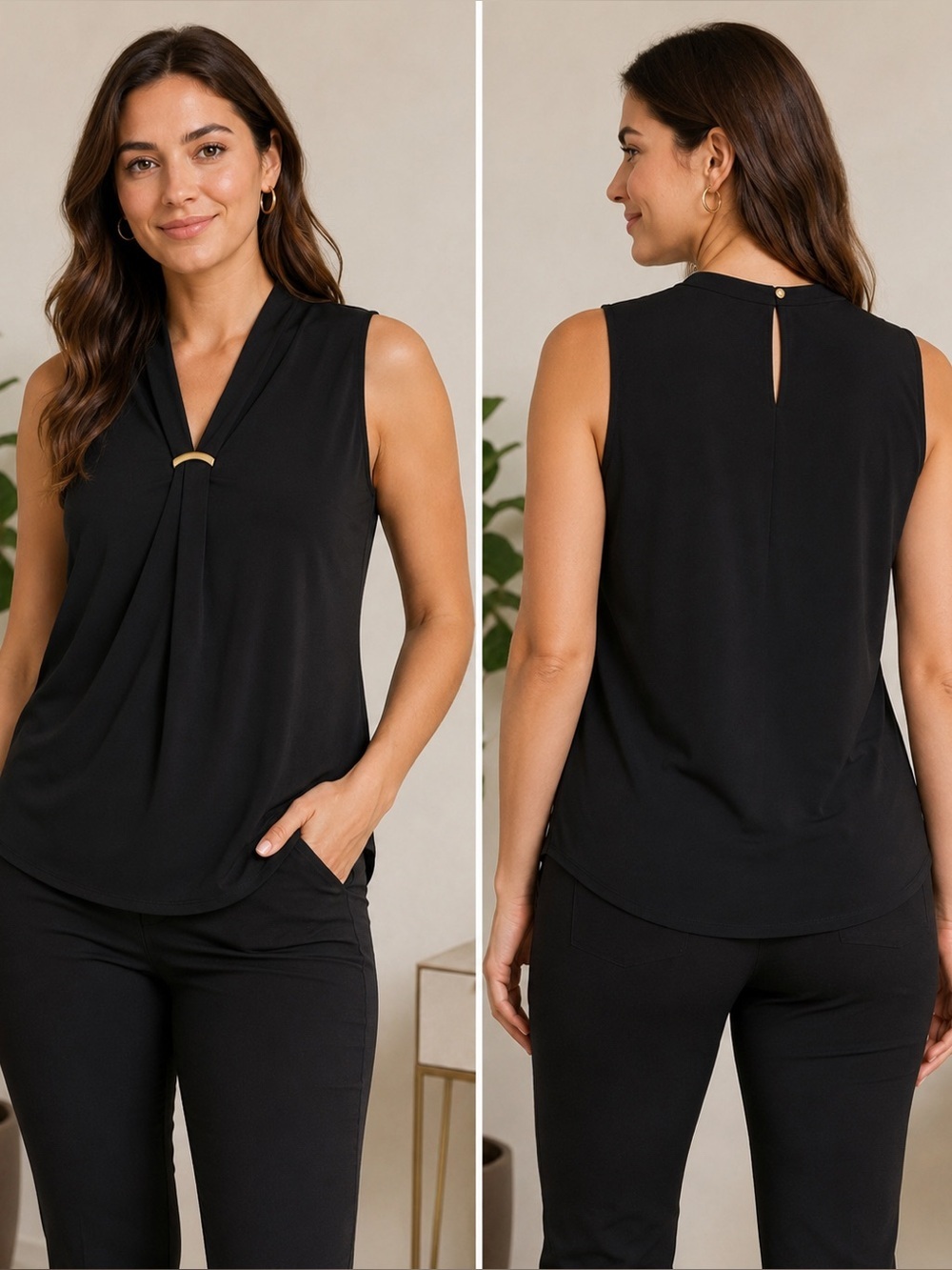 Premise Black Sleeveless Blouse with Gold Ring Detail | Size S | Career top